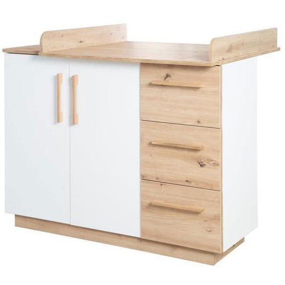 Commode à Langer Bébé ROBA Lion - Plan Amovible - Poignées en Bois Naturel - Blanc / Décor Bois