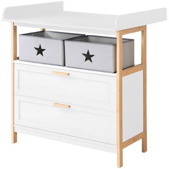 Commode à Langer ROBA - Berlin - 2 Tiroirs + 2 Boîtes de Rangement en Tissu - Meuble à Langer Évolutif - Blanc - Bambou