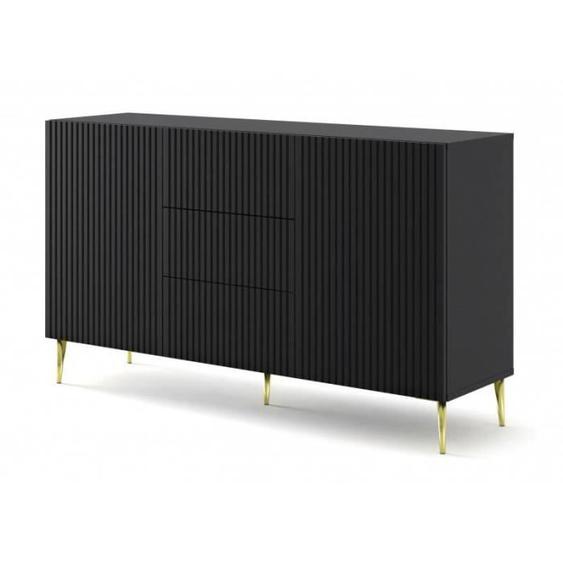 Commode - AC-DÉCO - Ravenna - 2 portes - 3 tiroirs - Métal doré - Noir mat - L 150 x P 42 x H 87 cm
