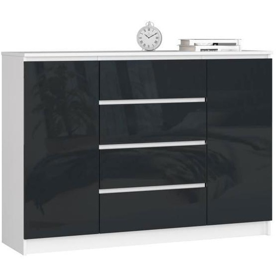 Commode AKORD K140 Blanche 138 cm 2 portes 4 tiroirs façade Graphite Brillant 4 étagères 138x40x99 cm