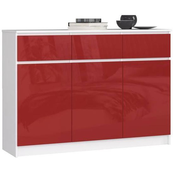 Commode AKORD K140 Blanche 138 cm 3 portes 3 tiroirs façade Rouge Brillante 6 étagères 138x40x99 cm