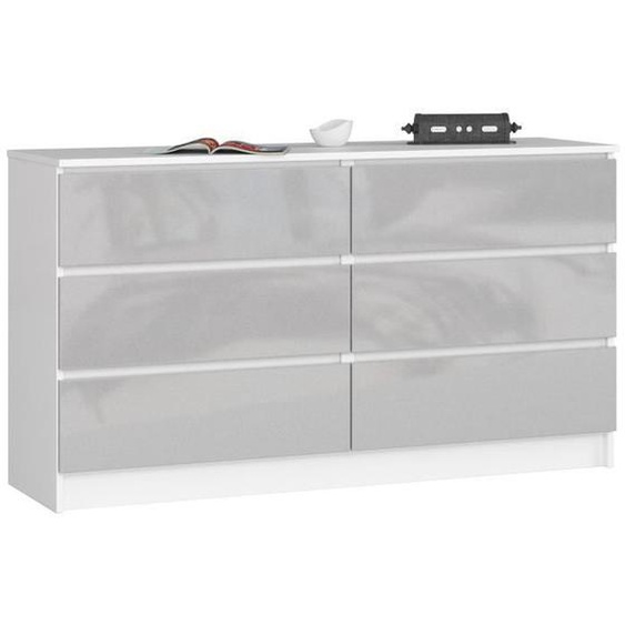 Commode AKORD K140 Blanche 138 cm 6 tiroirs façade Métallique Brillant 138x40x77 cm