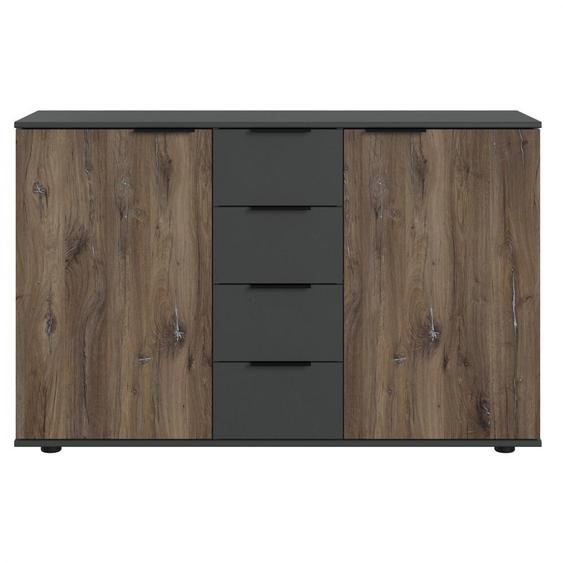 Commode AURELIA 2 portes chêne flagstaff 4 tiroirs graphite 130 cm