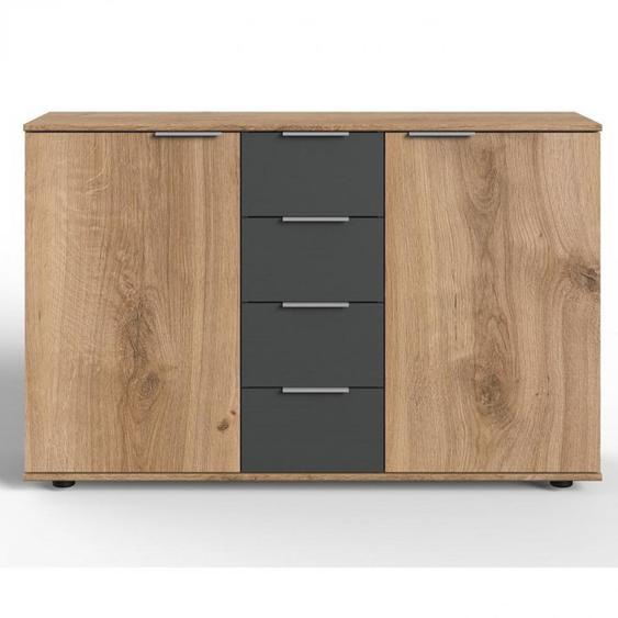Commode AURELIA chêne poutre 2 portes 4 tiroirs graphite 130 cm
