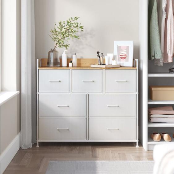 Songmics - Commode avec 7 Tiroirs en Tissu avec Poignées, Cadre en Métal, 98 x 28,5 x 85 cm, Style Moderne, Blanc et Couleur Boisée