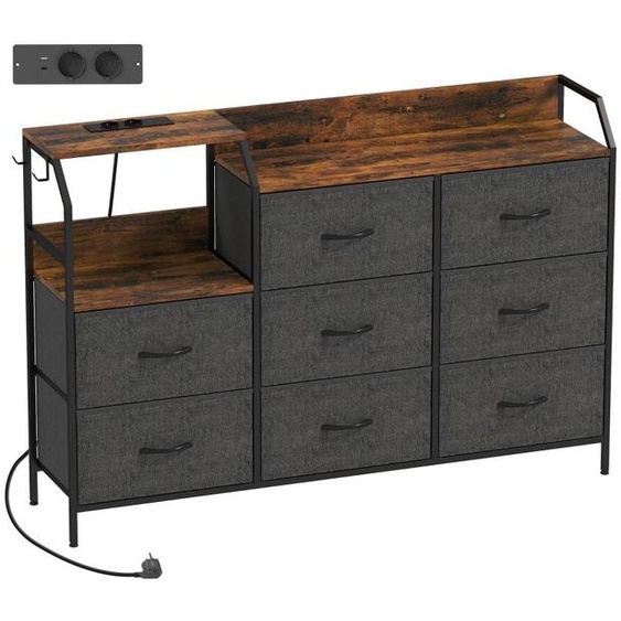 Commode avec 8 tiroirs en tissu, style rustique, couleur marron foncé, avec station de charge USB et prises électriques, structure en acier, design industriel. Meuble de rangement idéal pour lentrée ou la chambre