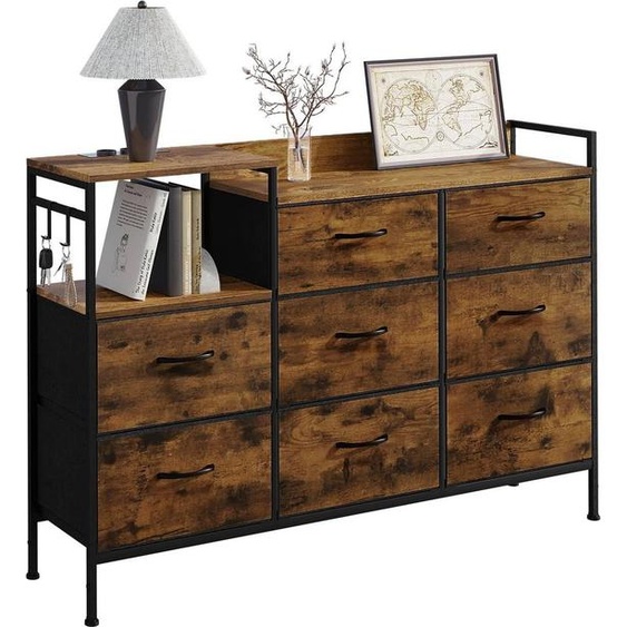 Commode avec 8 tiroirs et prises électriques | Marron vintage | 132 x 30 x 88 cm
