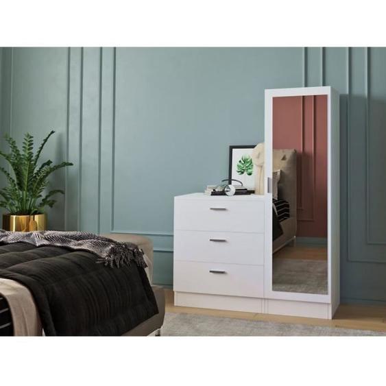 Commode avec armoire et miroir - VITORIO - Blanc - 3 tiroirs - Style classique