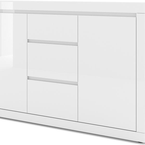Commode Bello Bianco IV 195 cm Sideboard Highboard Armoire TROIS Étagères, TROIS Tiroirs Italien Blanc Mat/Blanc Brillant