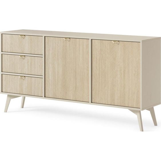 Commode BETTSO à deux portes et 3 tiroirs, poignées dorées, FIRR KSZ158, beige sable + motif à chevrons scandinave