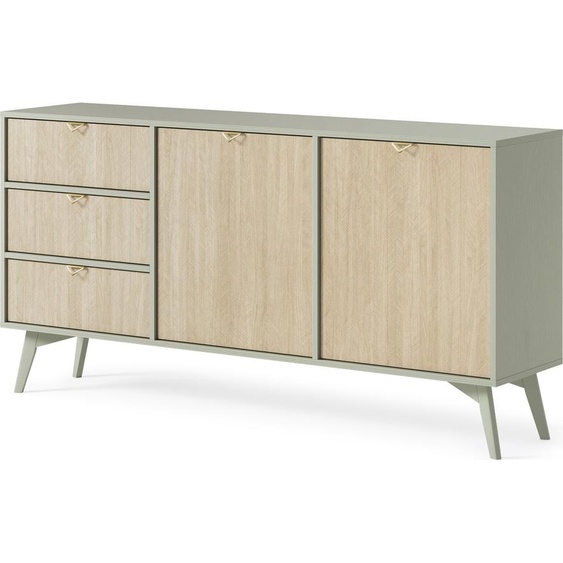 Commode BETTSO avec étagères et 3 tiroirs, poignées dorées tendance, modèle FIRR KSZ158, eucalyptus + motif scandinave à chevrons