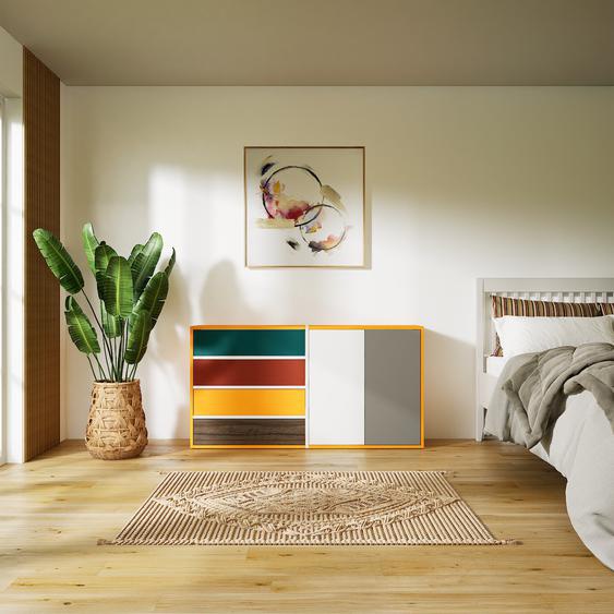 Commode - Blanc, moderne, raffinée, avec porte Gris et tiroir Bleu pétrole - 151 x 79 x 34 cm