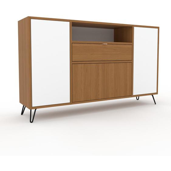 Commode - Blanc, moderne, raffinée, avec porte Effet chêne et tiroir Effet chêne - 154 x 91 x 34 cm