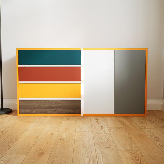 Commode - Blanc, moderne, raffinée, avec porte Gris et tiroir Bleu pétrole - 151 x 80 x 34 cm