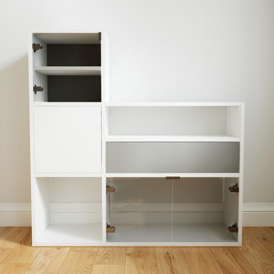 Commode - Blanc, moderne, raffinée, avec porte Verre clair transparent et tiroir Gris - 115 x 118 x 34 cm