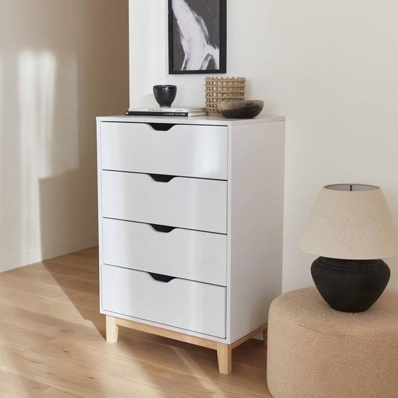 Commode Blanche Scandinave - Floki - Chiffonnier Avec Pieds En Bois De Sapin, 4 Tiroirs, 60x40x90cm Blanc