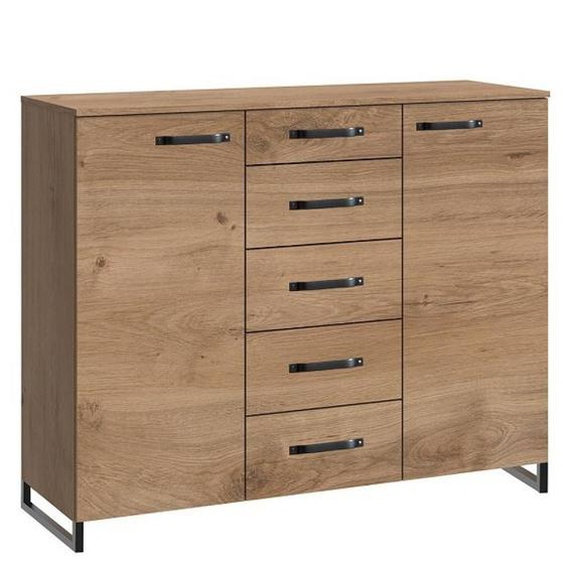 Commode Buffet 5 tiroirs 2 portes style industriel PORTLAND chêne poutre métal L:139