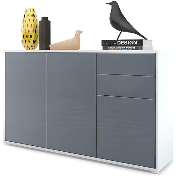 Commode Buffet Ben V3 - VLADON - Blanc mat - Gris haute brillance - 2 portes - 2 tiroirs