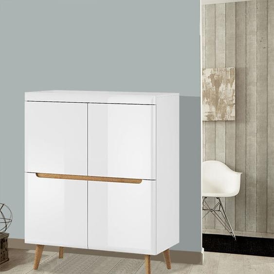 Commode, buffet haut, salon, 107 cm, blanc brillant, chêne Riviera