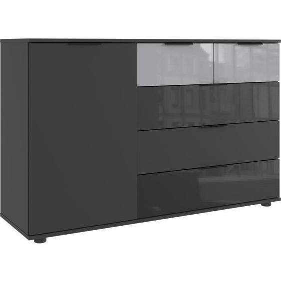 Commode buffet, meuble de rangement Graphite, rechampis et verre coloris noir -  Longueur 130 x Hauteur 83 x Profondeur 41 cm