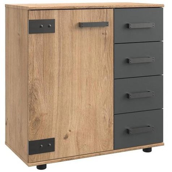 Commode Buffet VERNON style industriel 4 tiroirs graphite 1 porte chêne poutre