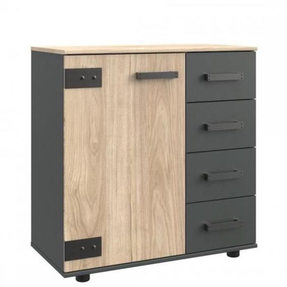 Commode Buffet VERNON style industriel 4 tiroirs graphite 1 porte pin argenté vieilli bi color Metal Inside75