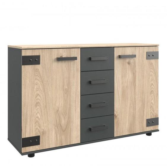 Commode Buffet VERNON style industriel pin argenté vieilli tiroirs graphite