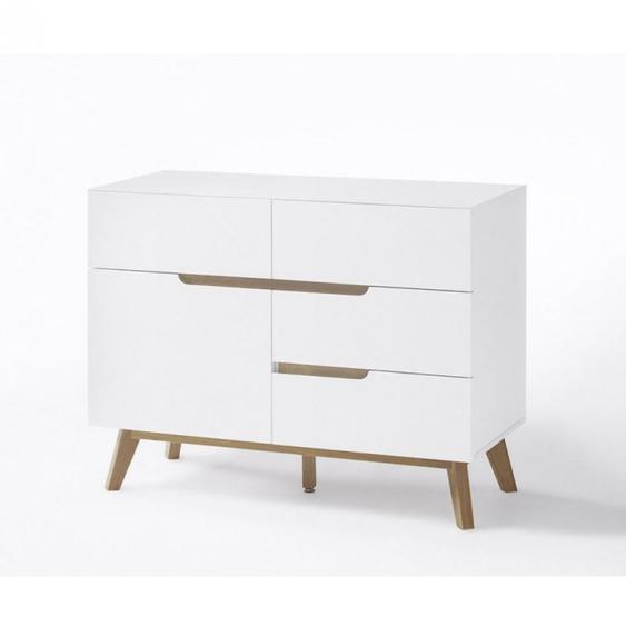 Commode CACHAN blanc laqué mat 4 tiroirs 1 porte  piétement en chêne