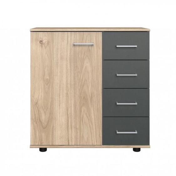 Commode combinée 1 porte 4 tiroirs ANGIE chêne hickory et graphite