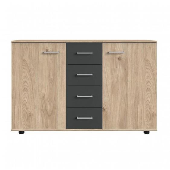 Commode combinée 2 portes 4 tiroirs ANGIE chêne hickory et graphite