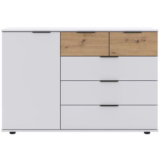 Commode combinée, meuble de rangement coloris blanc, rechampis imitation bois - Longueur 130 x Hauteur 83 x Profondeur 41 cm