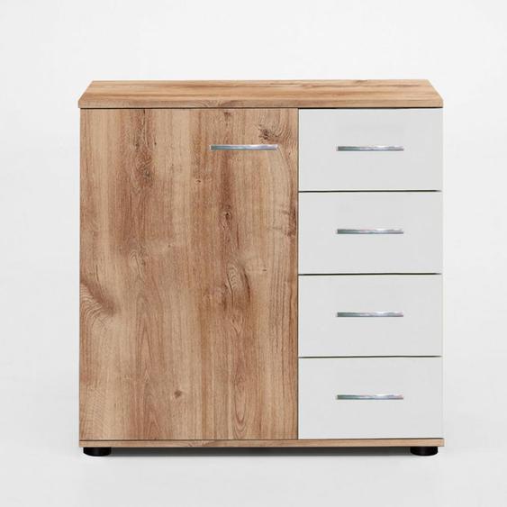 Commode combinée PARINI 4 tiroirs 1 porte chêne poutre et blanc