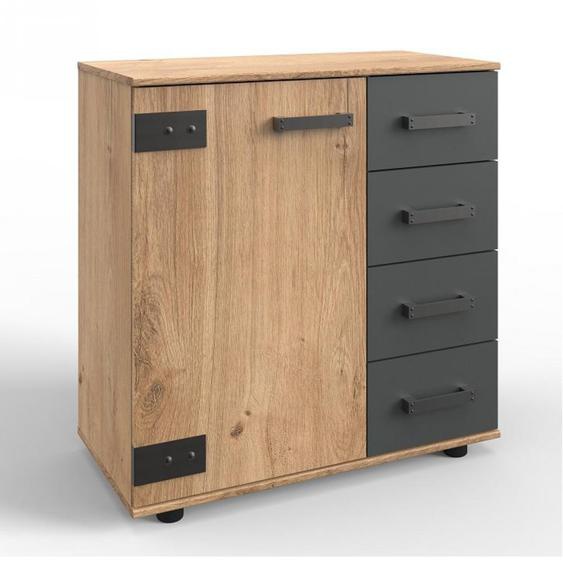 Commode combinée  STOKE 1 porte 4 tiroirs corps imitation chêne poutre rechampis graphite