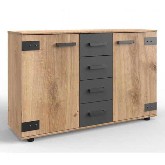 Commode combinée  STOKE 2 portes 4 tiroirs corps imitation chêne poutre rechampis graphite