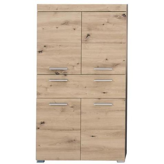 Commode de rangement avec 4 portes de salle de bain coloris chêne à noeuds et blanc brillant Longueur 73 x hauteur 132 x prof 31cm