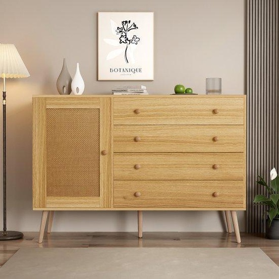 Commode en bois, couleur naturelle, 120 cm, avec 4 tiroirs et 1 porte