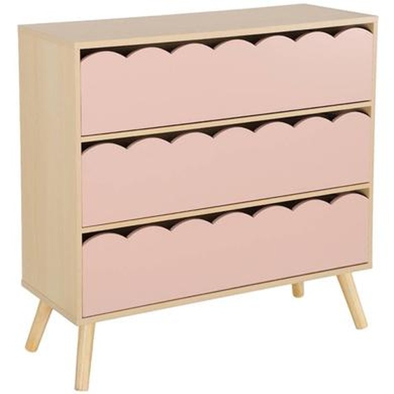 Commode Enfant Décor Bois 3 Tiroirs, Pieds Bois De Pin - 80 X 30 X 79 Cm - Azur Rose
