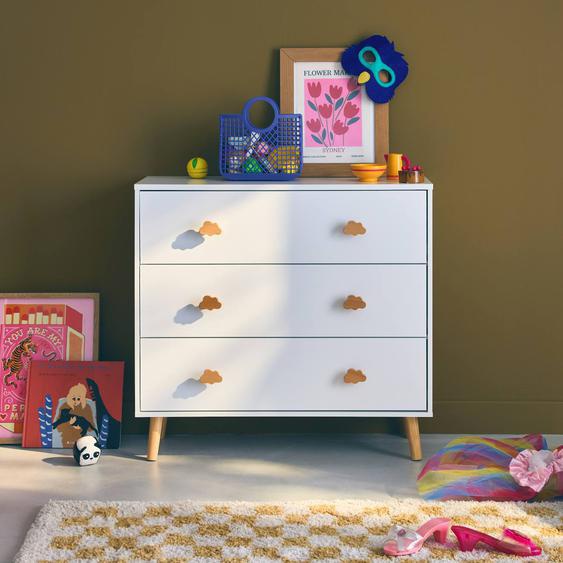 Commode Enfant Décor Bois 3 Tiroirs Poignées Nuage Nephos Blanc