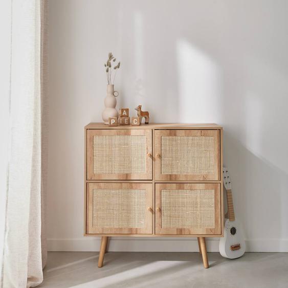 Commode Enfant Effet Bois Et Cannage 4 Portes Bohème Naturel