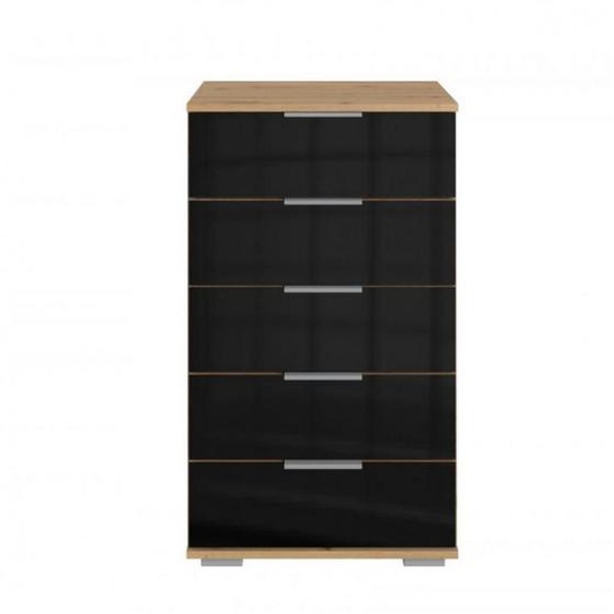 Commode ENSSE 5 tiroirs chêne artisan et verre noir