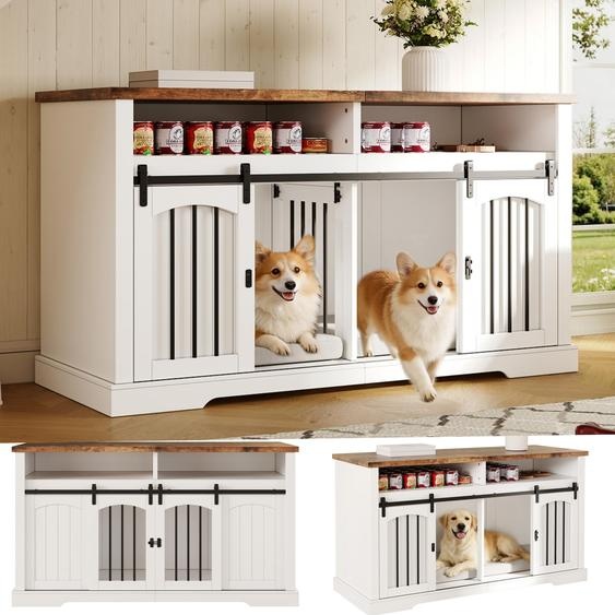 Commode et meuble de rangement Flieks avec portes coulissantes, meuble à plusieurs niveaux, cage pour chien, cabane pour chien avec séparations amovibles, 153x60x85 cm, blanc