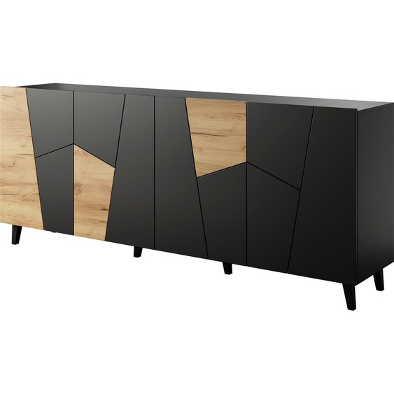 Commode ETOS 200 cm 4D NOIR MAT / CHÊNE CRAFT avec pieds noirs 4 portes Buffet MDF armoire étagères ouvertes buffet moderne loft design industriel