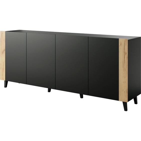 Commode FARGO 200 cm 4D NOIR MAT / CRAFT CHÊNE avec pieds noirs 4 portes Buffet MDF armoire ouverte étagères buffet moderne loft boho design industriel