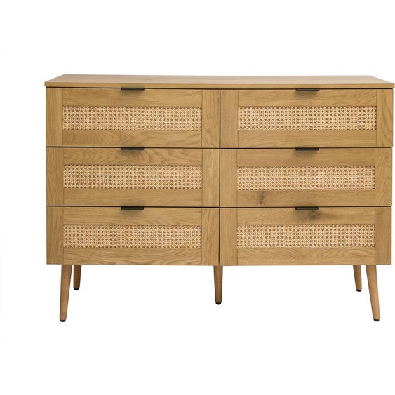 Commode finition bois clair, cannage en rotin et métal noir 6 tiroirs L120 cm MANILLE