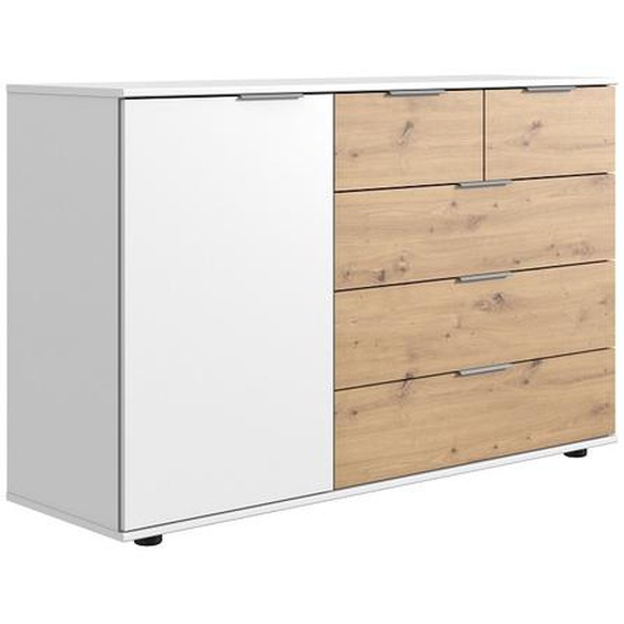 Commode GIRBO 1 porte 5 tiroirs coloris blanc brillant rechampis imitation chêne artisan