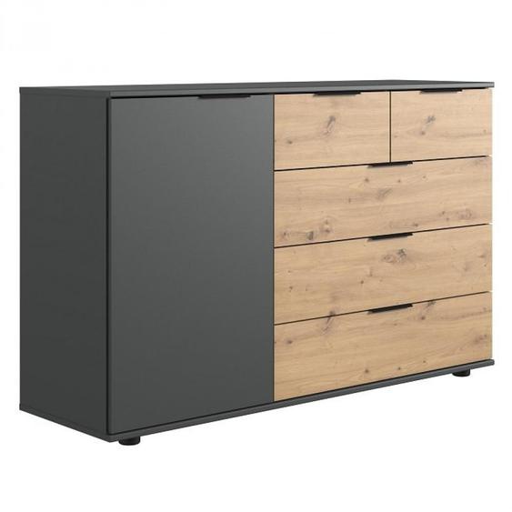 Commode GIRBO 1 porte 5 tiroirs coloris graphite rechampis imitation chêne artisan