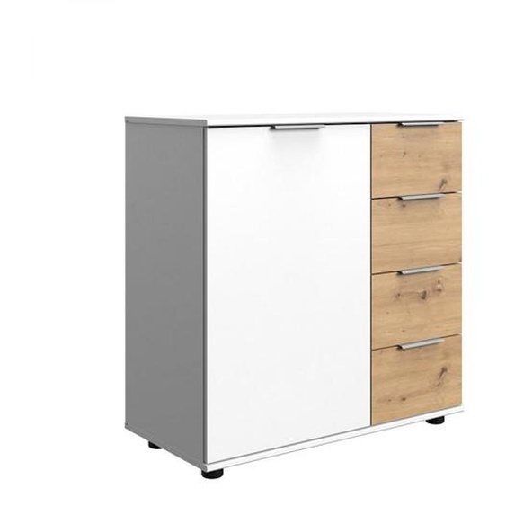 Commode GIRBO 4 tiroirs 1 porte coloris blanc gris rechampis imitation chêne artisan