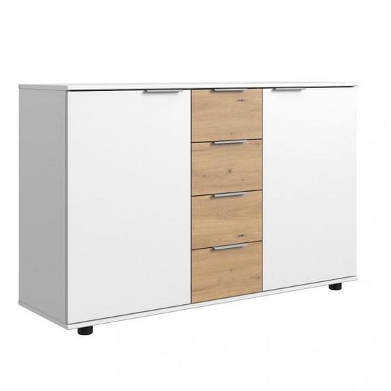 Commode GIRBO 4 tiroirs 2 portes coloris blanc brillant rechampis imitation chêne artisan