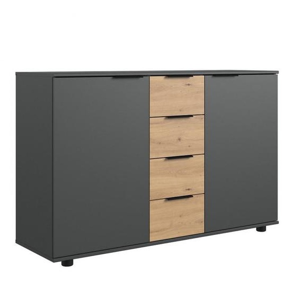 Commode GIRBO 4 tiroirs 2 portes coloris graphite rechampis imitation chêne artisan