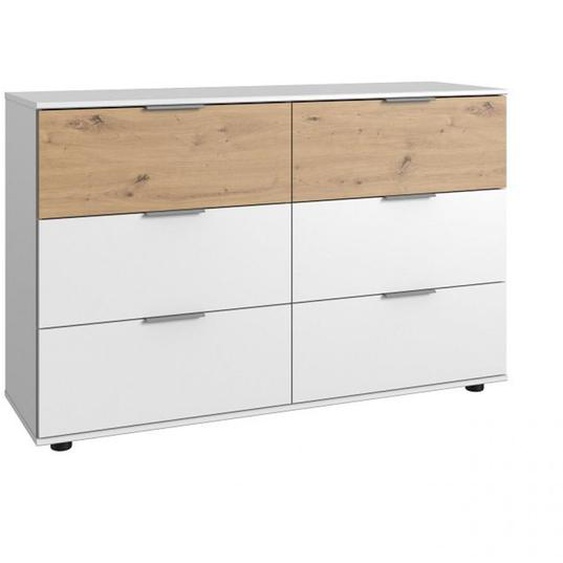 Commode GIRBO 6 tiroirs coloris blanc brillant rechampis imitation chêne artisan